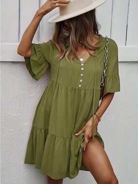 Seven Islands Olive Green Tiered Button-Front Women’s Dress
